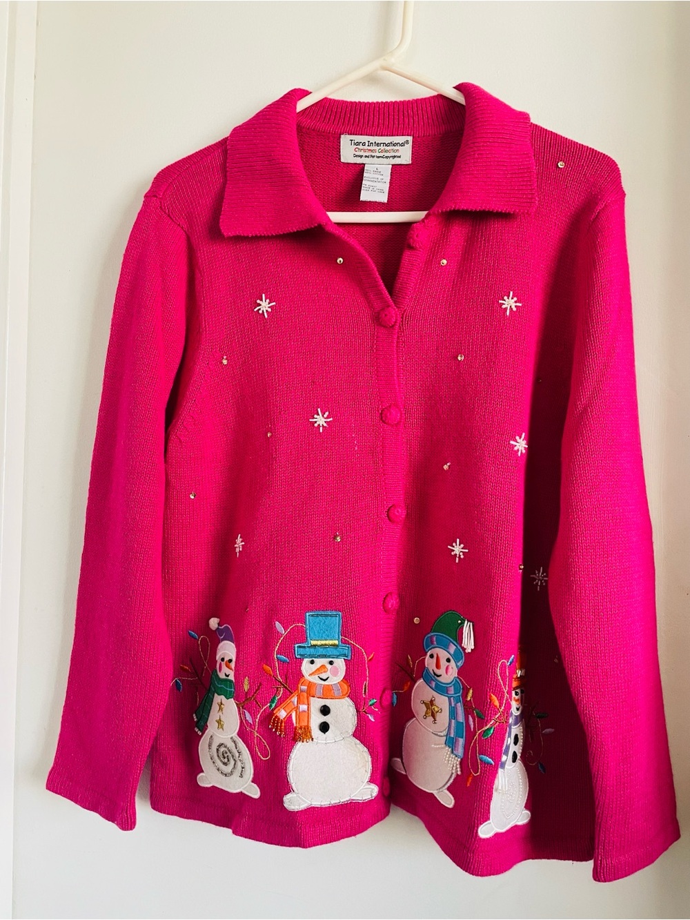 Tiana International Hot Pink Snowman Button-Front Sweater